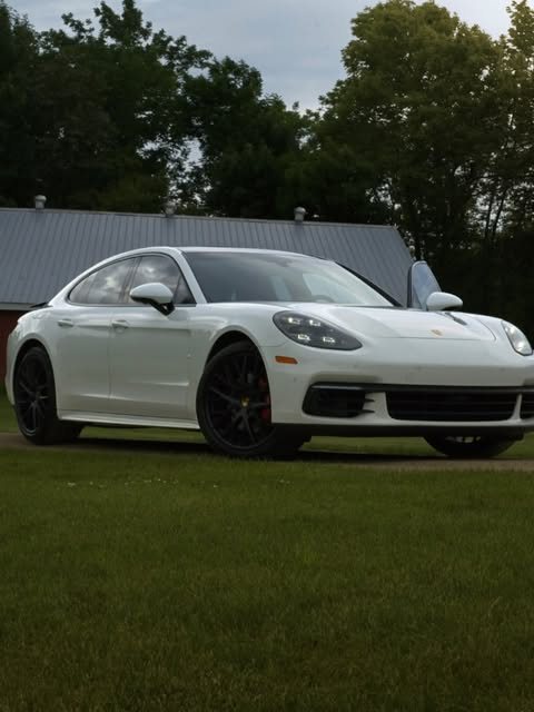 Rear view of a white Porsche Panamera